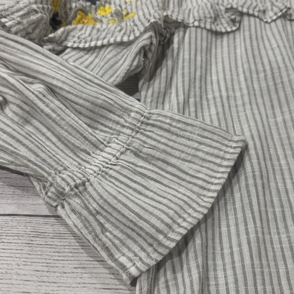 Style & Co. Gray Striped Blouse with Yellow and Charcoal Floral Embroidery